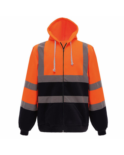 Veste sweat haute visibilité zippée à capuche orange fluo et bleu marine
