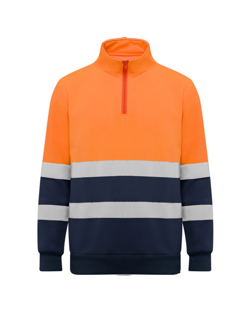 Sweat haute visibilité col zippé orange fluo et bleu marine