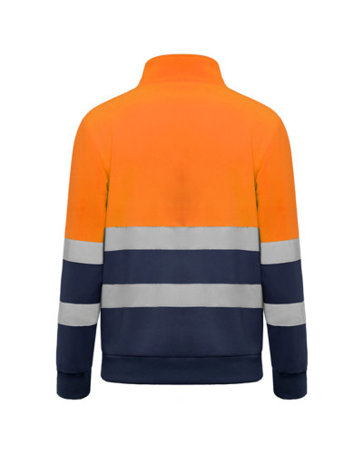Sweat haute visibilité col zippé orange fluo et bleu marine